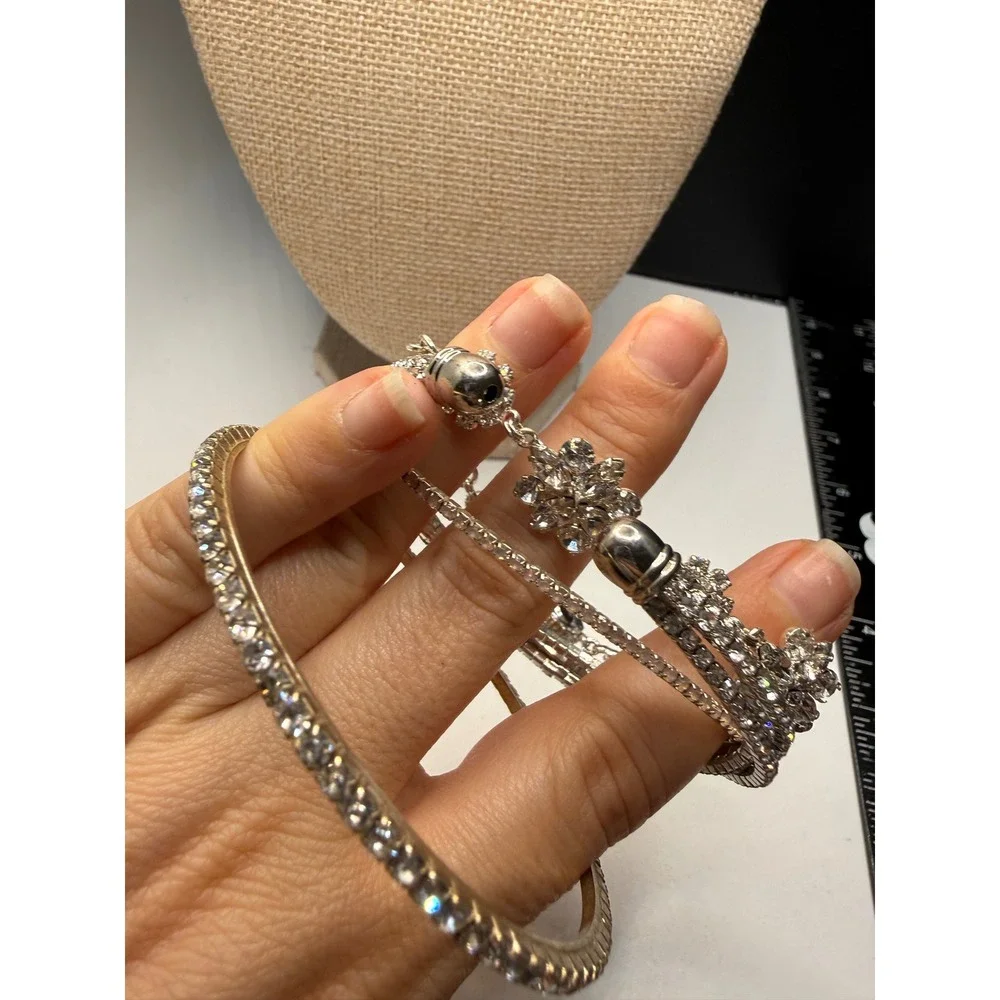 Silver Tone Rhinestone Bracelet Set 4pc Floral Link Stretch Tennis Bangle Clear‎